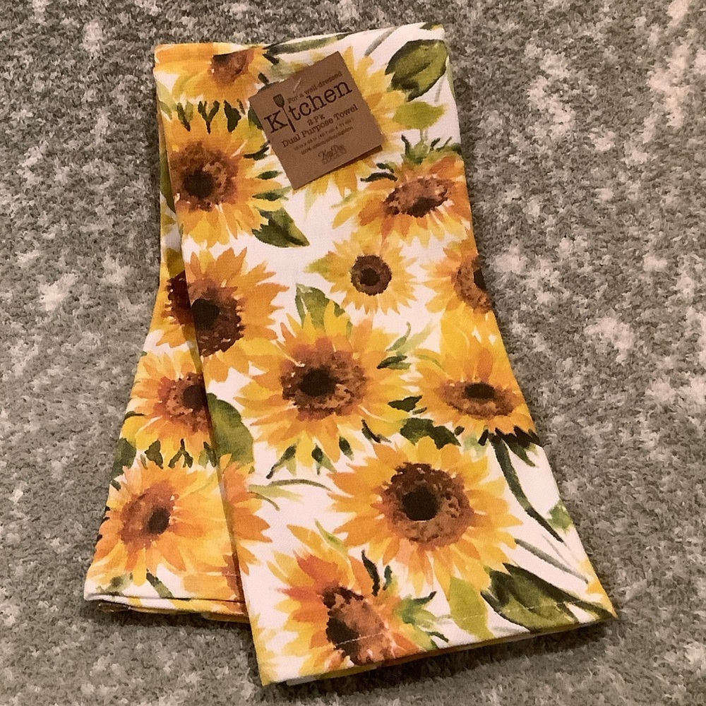 Sunflower Floral Autumn Summer Kitchen Towels Set of 2, NWT Cotton 18” x 28”